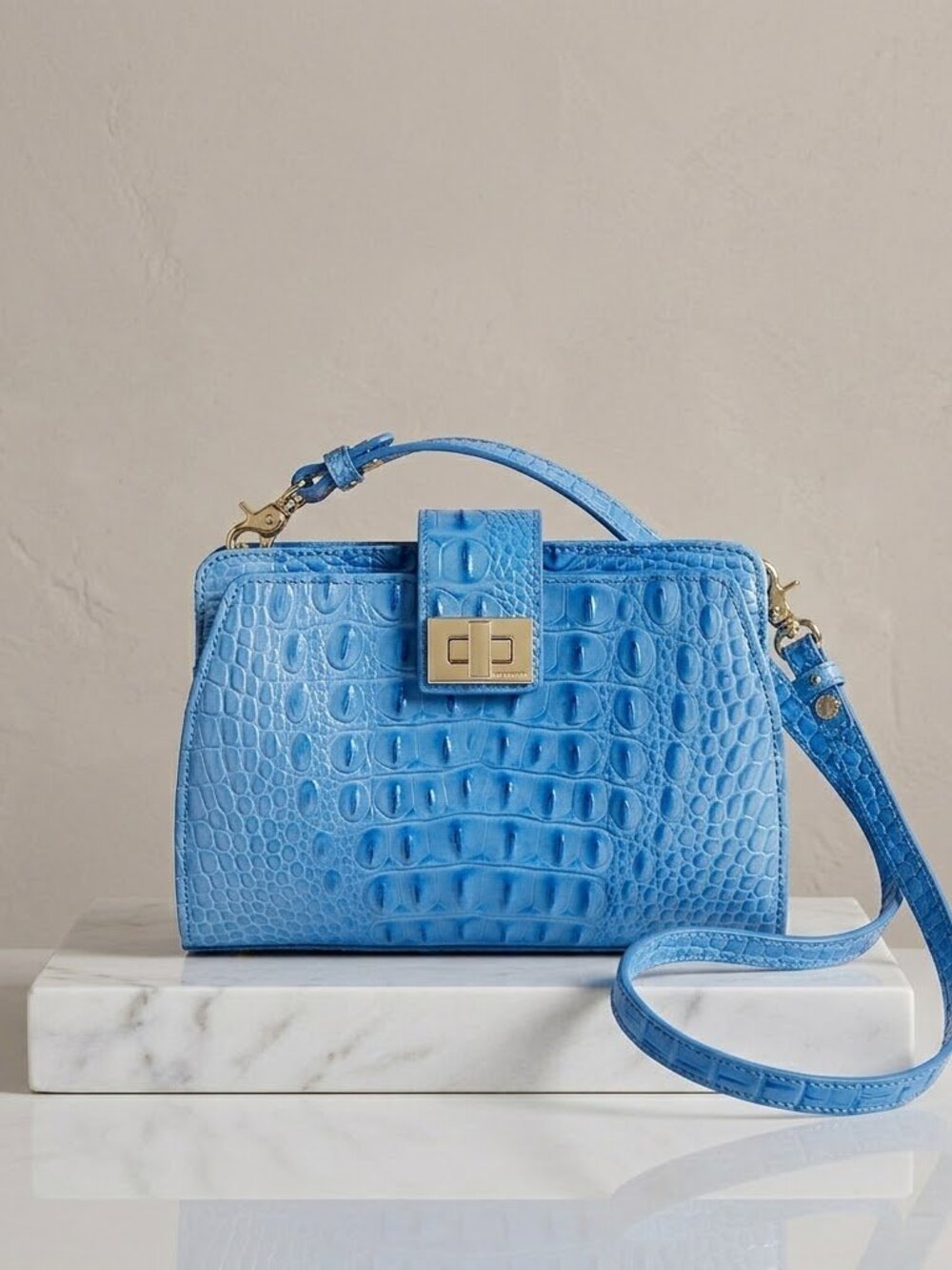 Brahmin Light Blue Melbourne Croc Embossed Leather Turn Lock Crossbody Bag